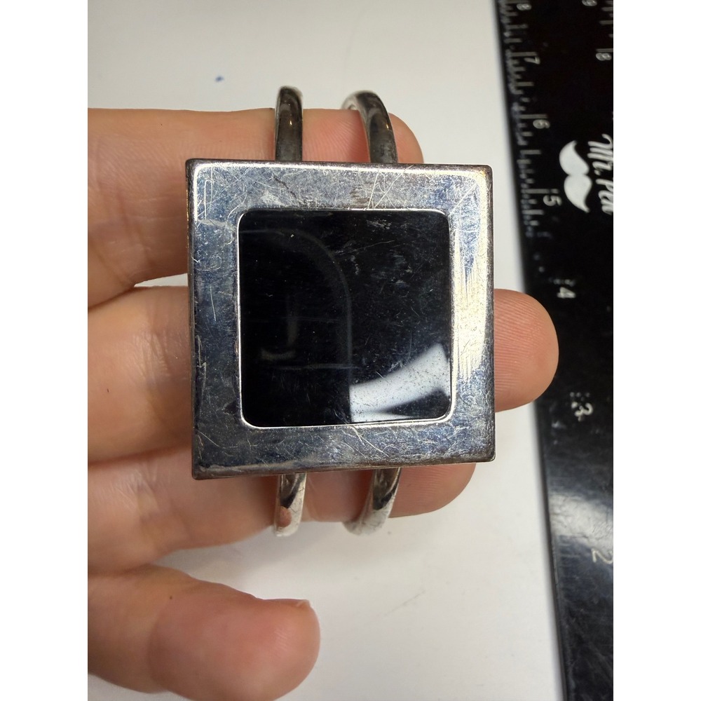 Modernist Silver Tone Square Black Inlay Hinge Cuff Bracelet Geometric Statement